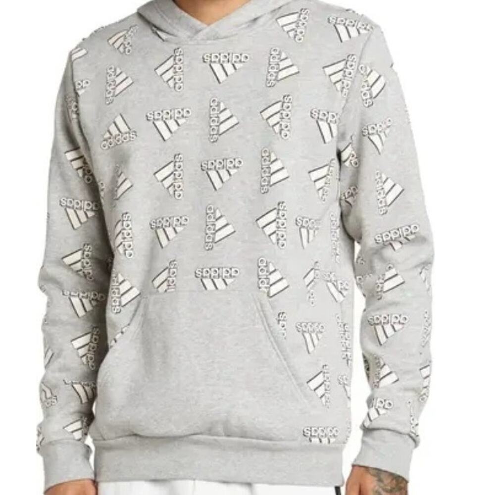 Adidas Gray Hoodie All Over Print Logo Kangaroo Pocket Fleece Mens Size L